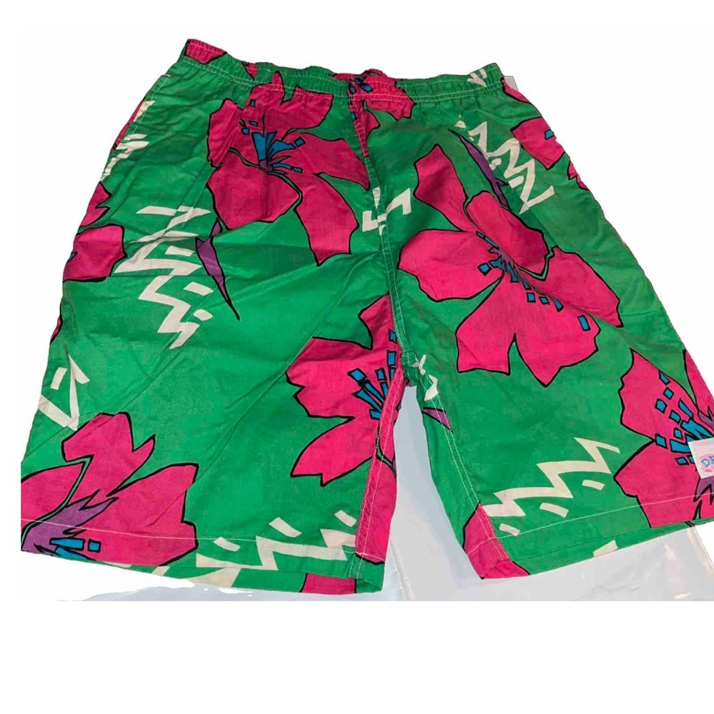 Green pink aqua TROPICAL Hawaiian SHORTS 80s Wild Print Cotton DRAPES usa sz 38